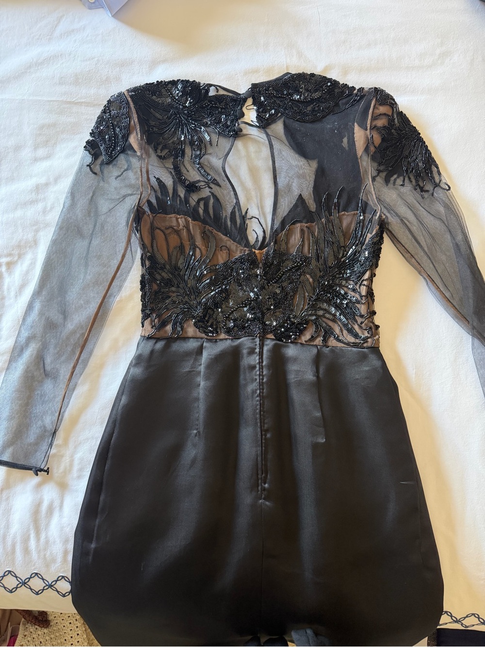 Black Embellished Long-Sleeve Evening Dress